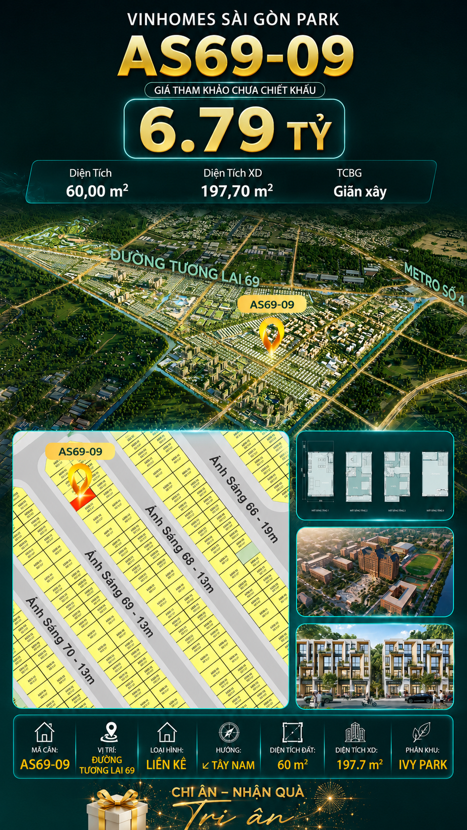 Nhà phố AS69-09 Ivy Park Vinhomes Sài Gòn Park Giá 6.79 Tỷ 60m² 