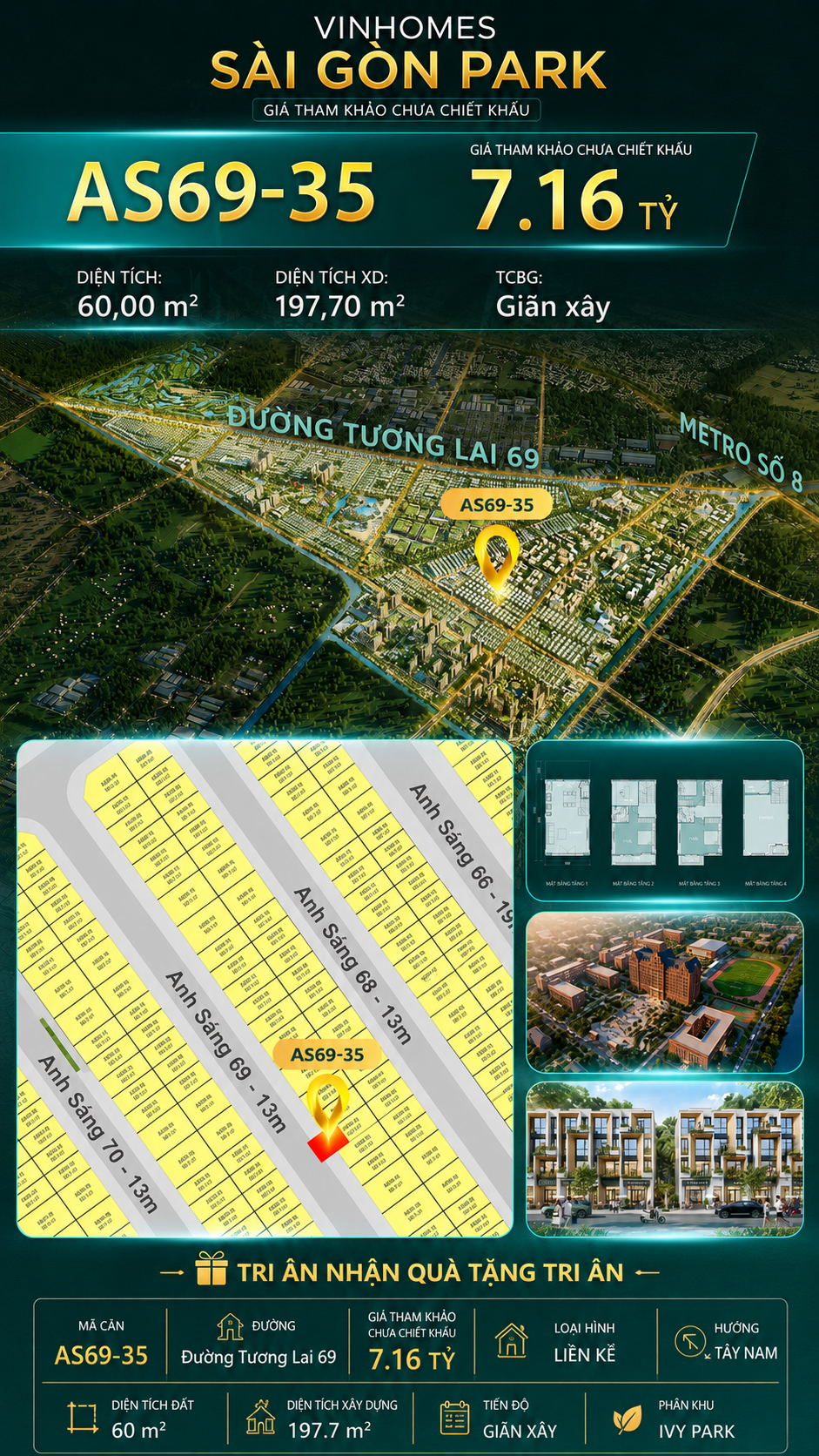 Nhà phố AS69-35 Ivy Park Vinhomes Sài Gòn Park Giá 7.16 Tỷ 60m²
