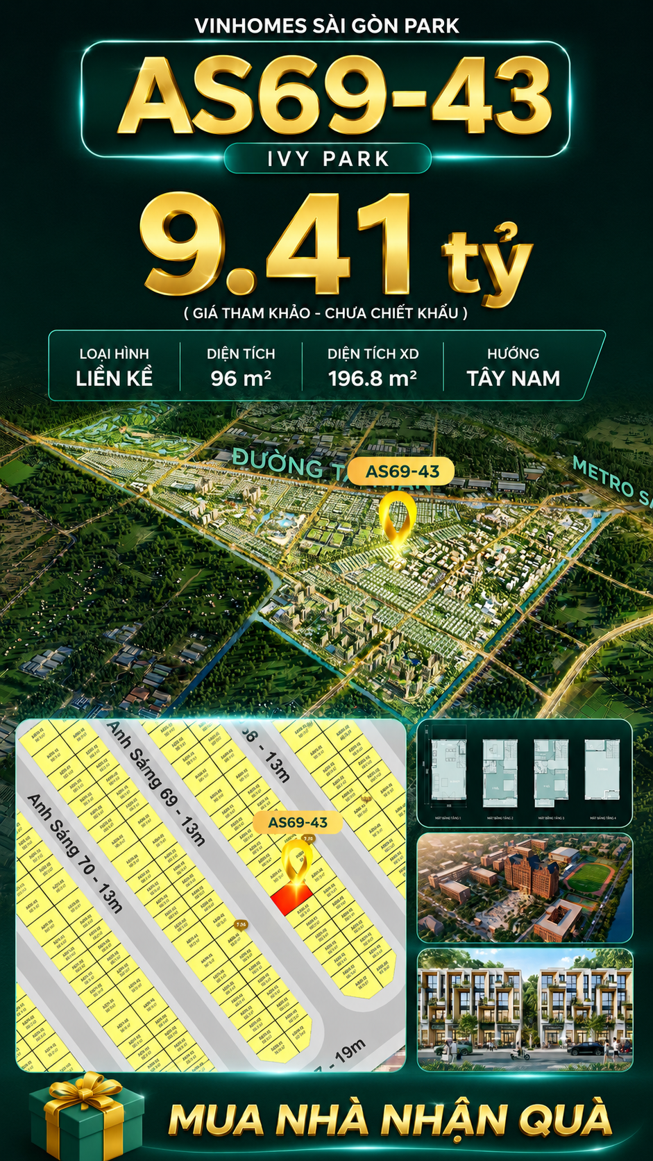 Nhà phố Vinhomes Sài Gòn Park AS69-43 giá 9.41 tỷ