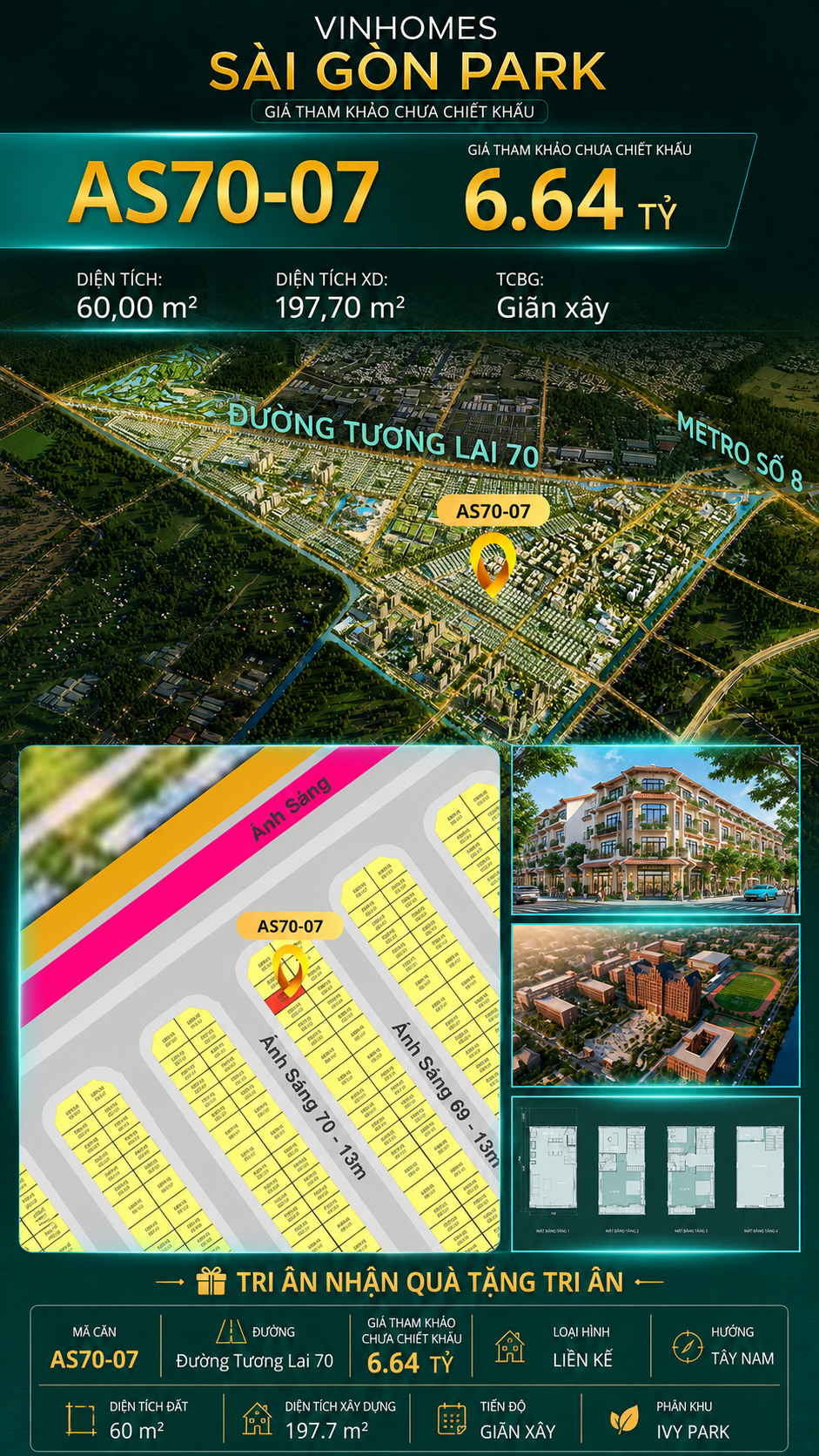 Nhà phố AS70-07 Ivy Park Vinhomes Sài Gòn Park Giá 6.64 Tỷ 60m²