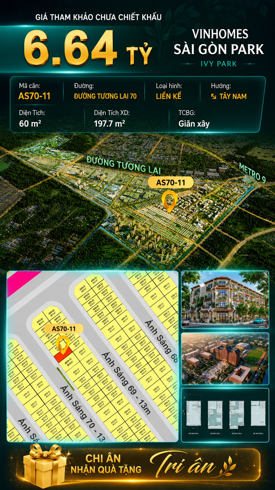 Nhà phố AS70-11 Ivy Park Vinhomes Sài Gòn Park Giá 6.64 Tỷ 60m²
