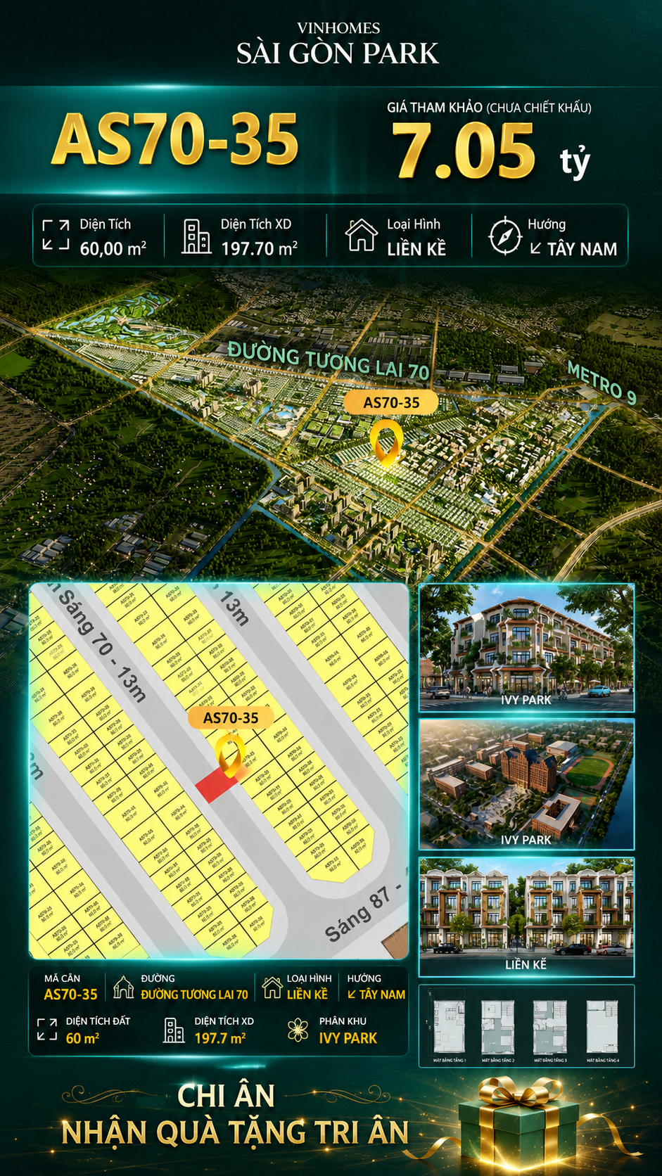 Nhà phố AS70-35 Ivy Park Vinhomes Sài Gòn Park Giá 7.05 Tỷ 60m²