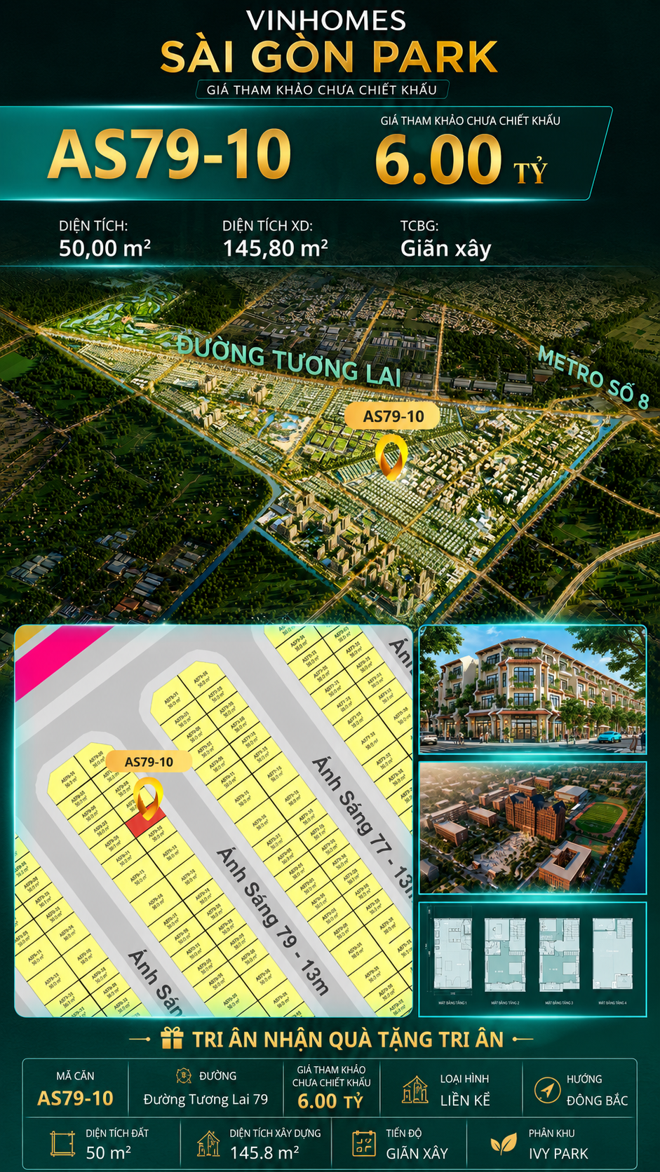 Nhà phố AS79-10 Ivy Park Vinhomes Sài Gòn Park Giá 6.00 Tỷ 50m²