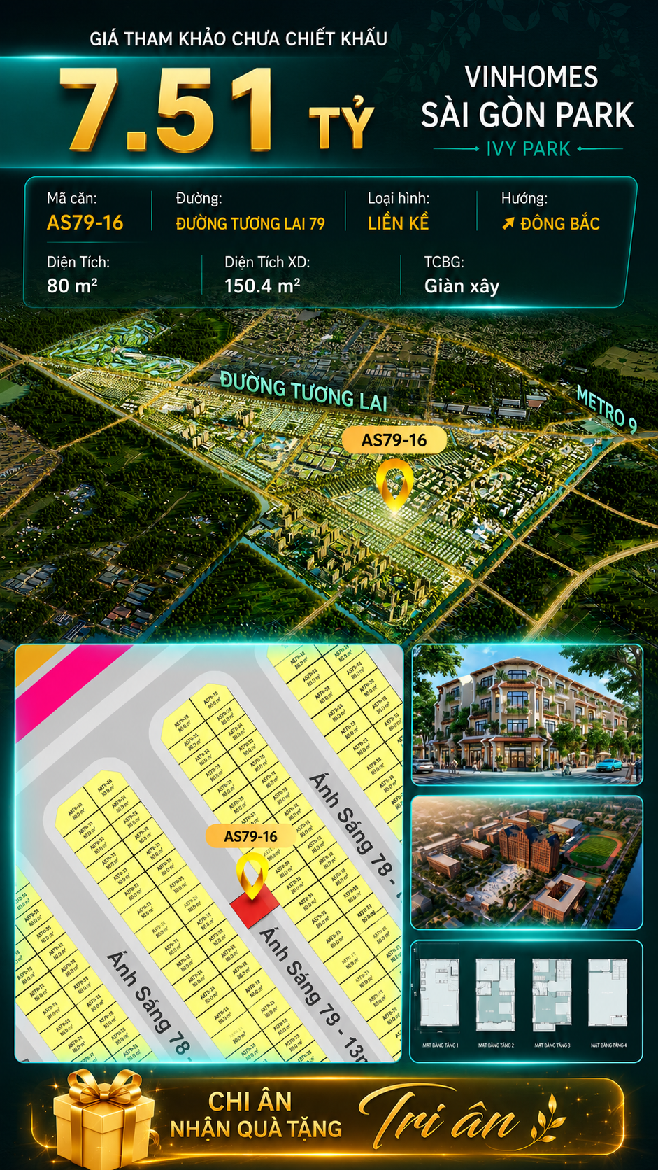 Nhà phố AS79-16 Ivy Park Vinhomes Sài Gòn Park Giá 7.51 Tỷ 80m²