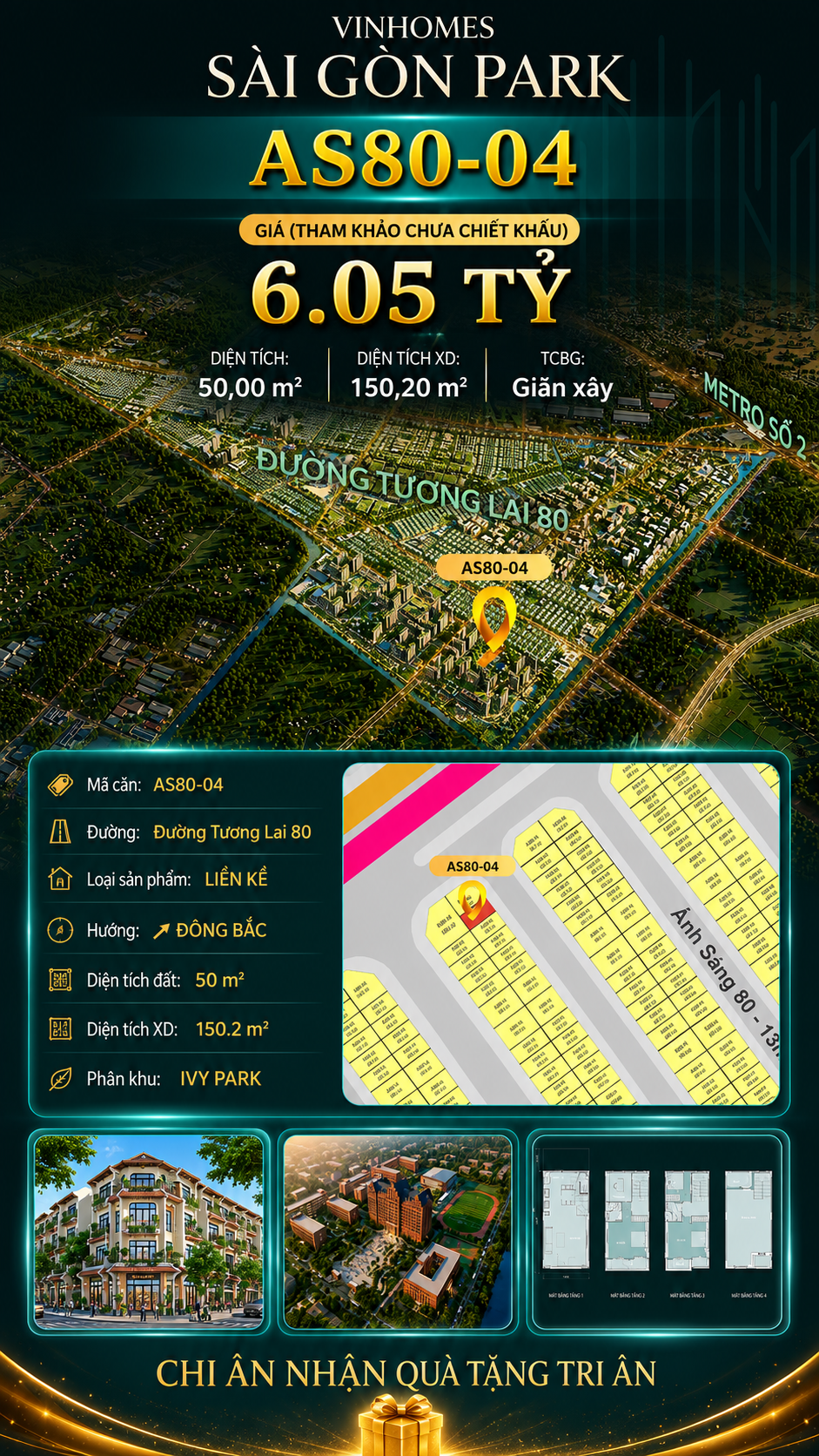 Nhà phố AS80-04 Ivy Park Vinhomes Sài Gòn Park Giá 6.05 Tỷ 50m²