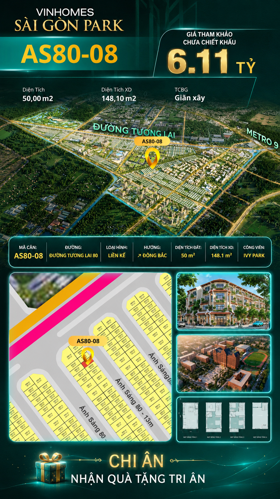 Nhà phố AS80-08 Ivy Park Vinhomes Sài Gòn Park Giá 6.11 Tỷ 50m²