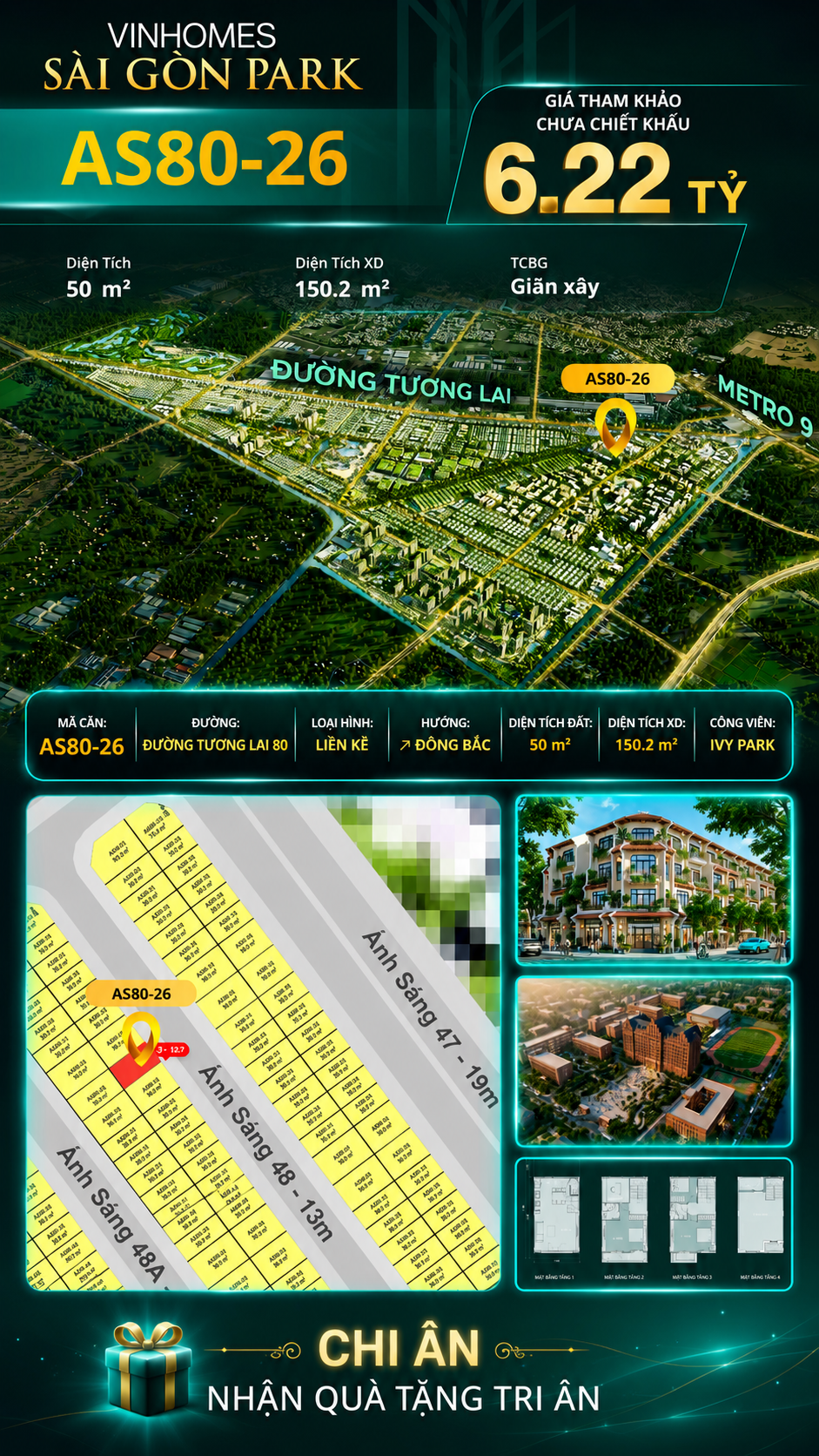 Nhà phố AS80-26 Ivy Park Vinhomes Sài Gòn Park Giá 6.22 Tỷ 50m²