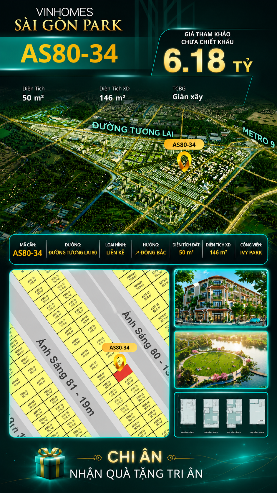 Nhà phố AS80-34 Ivy Park Vinhomes Sài Gòn Park Giá 6.18 Tỷ 50m²