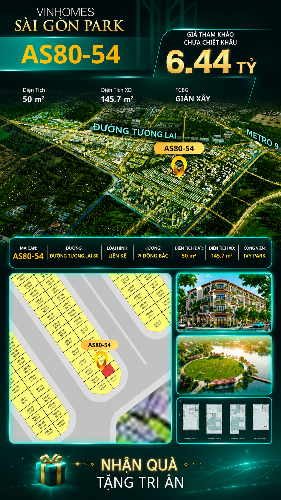 Nhà phố AS80-54 Ivy Park Vinhomes Sài Gòn Park Giá 6.44 Tỷ 50m²
