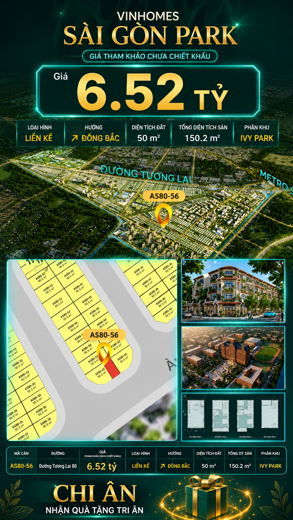 Nhà phố AS80-56 Ivy Park Vinhomes Sài Gòn Park Giá 6.52 Tỷ 50m²