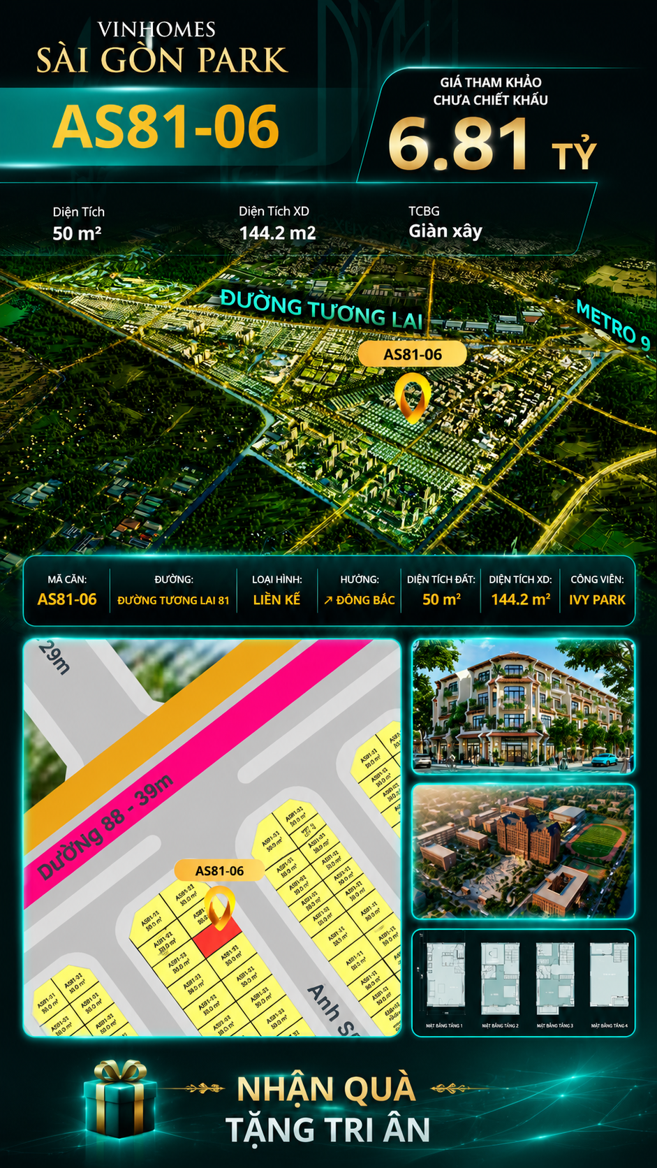 Nhà phố AS81-06 Ivy Park Vinhomes Sài Gòn Park Giá 6.81 Tỷ 50m²