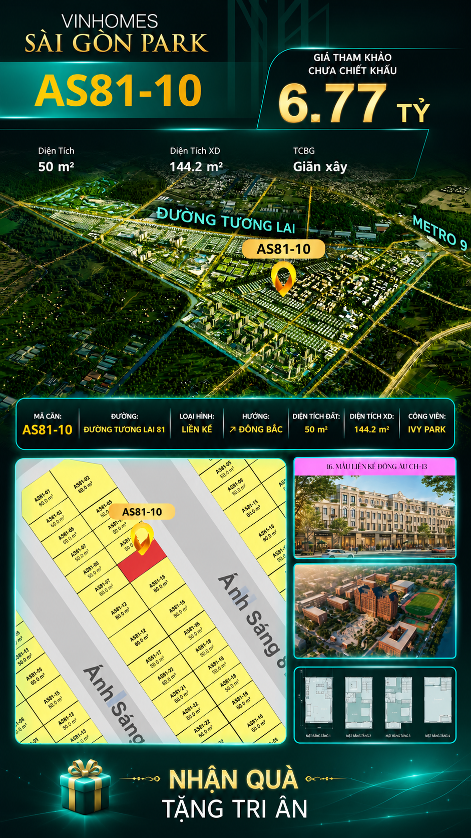 Nhà phố AS81-10 Ivy Park Vinhomes Sài Gòn Park Giá 6.77 Tỷ 50m²