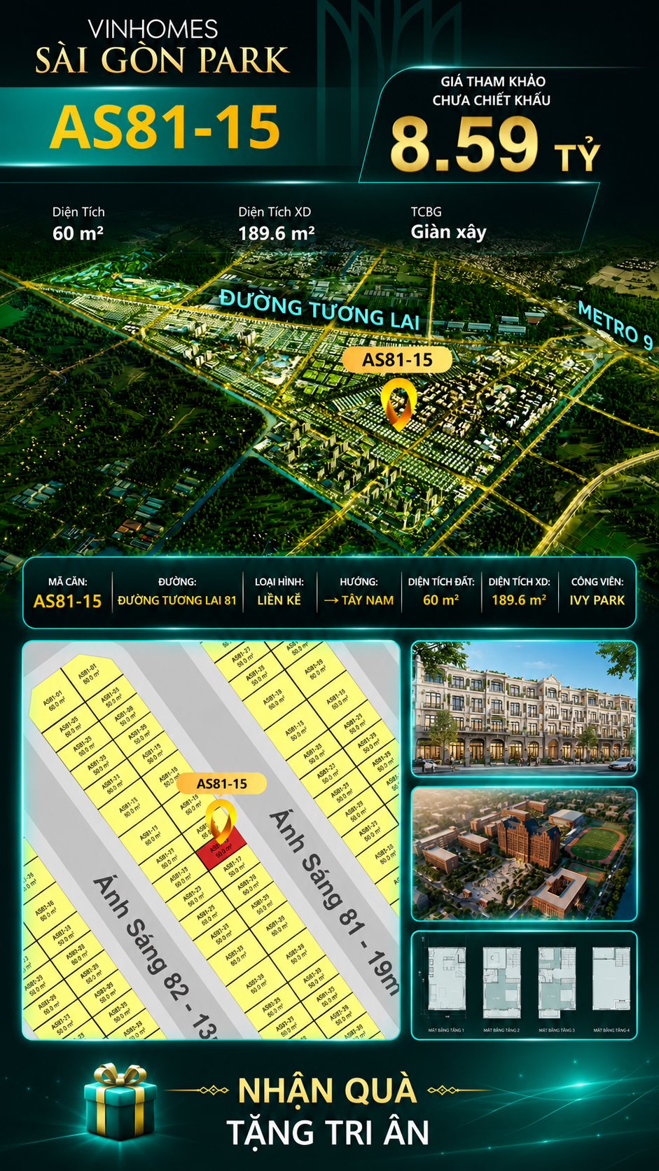 Nhà phố AS81-15 Ivy Park Vinhomes Sài Gòn Park Giá 8.59 Tỷ 60m²