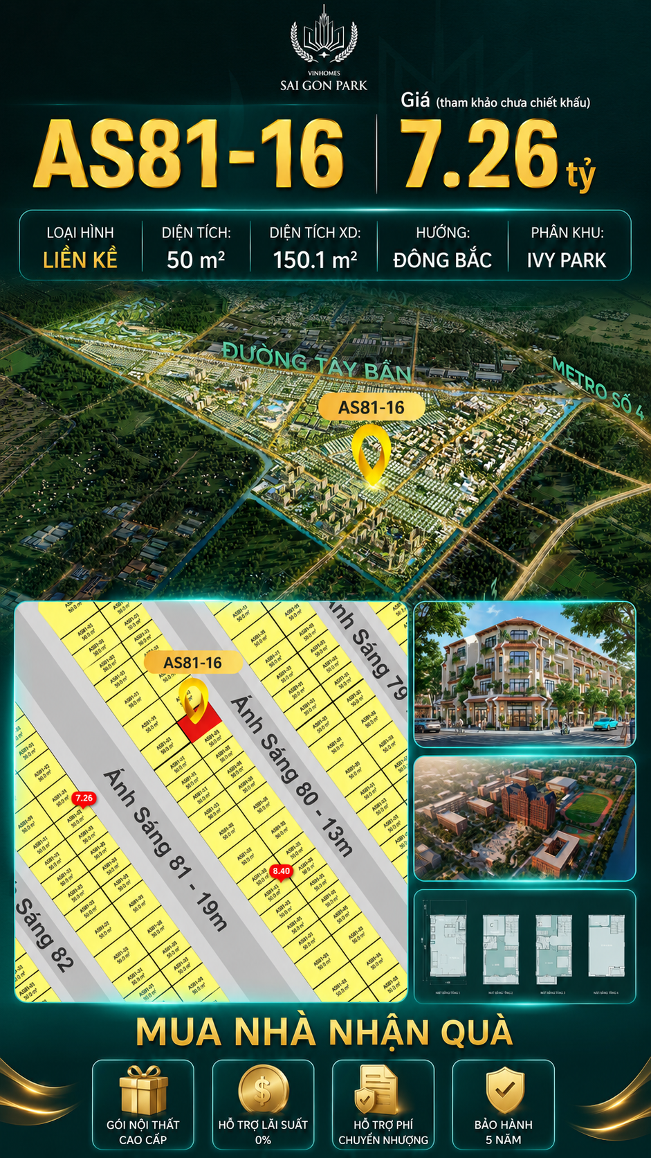 Nhà phố Vinhomes Sài Gòn Park AS81-16 giá 7.26 tỷ