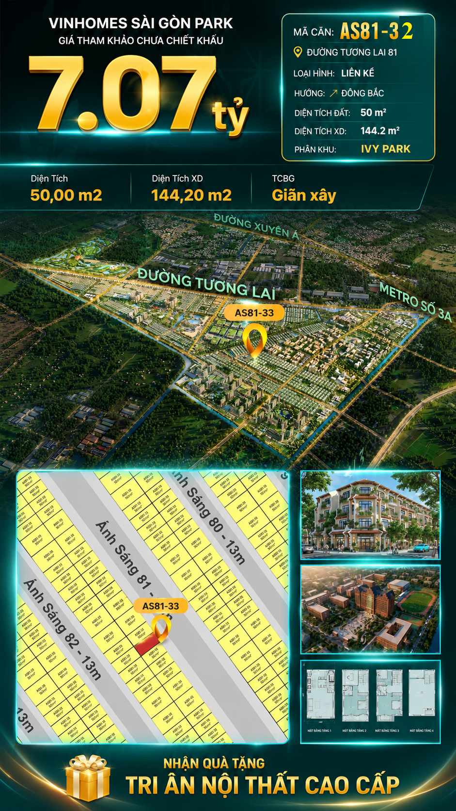 Nhà phố AS81-32 Ivy Park Vinhomes Sài Gòn Park Giá 7.07 Tỷ 50m²