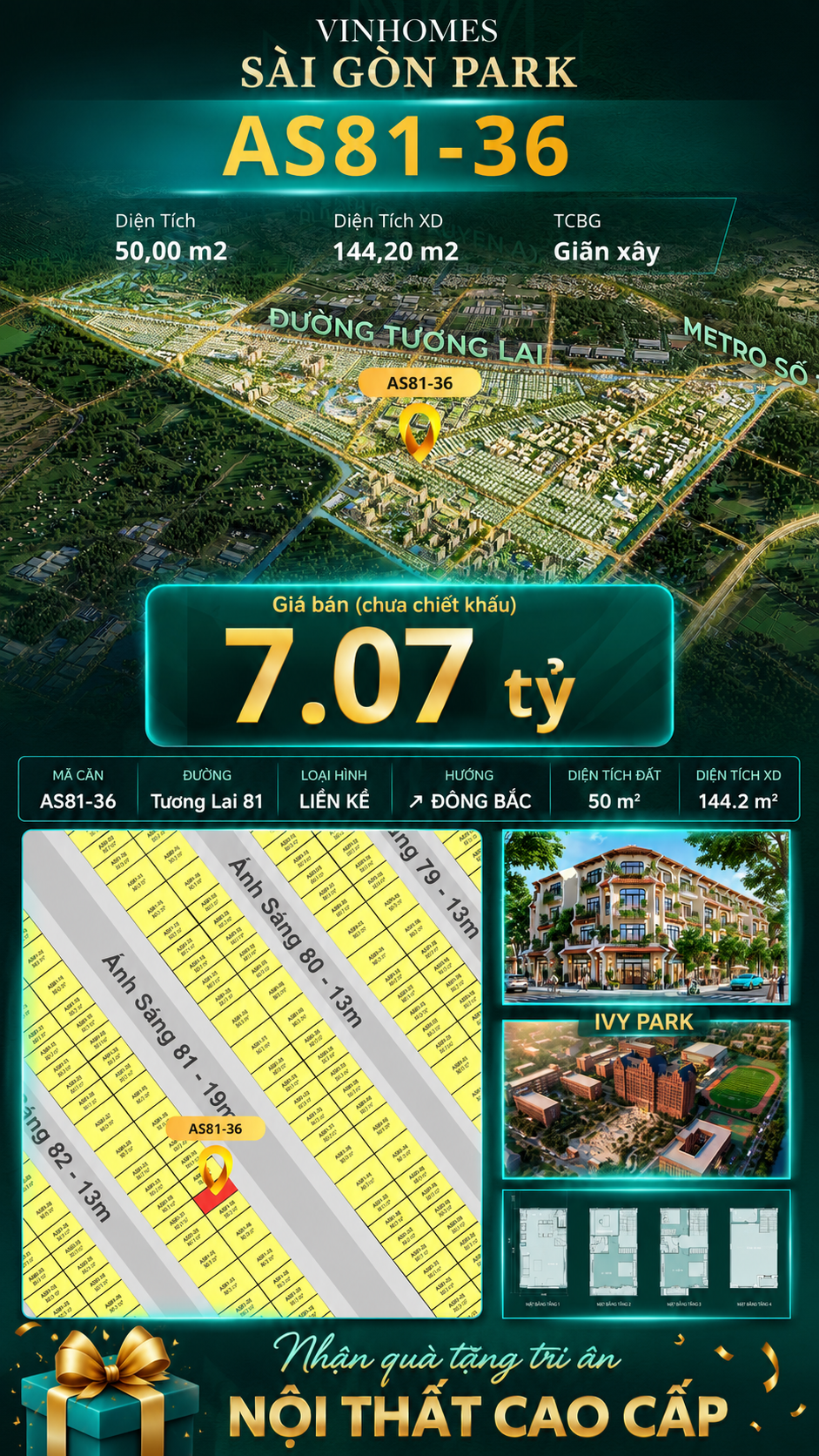 Nhà phố AS81-36 Ivy Park Vinhomes Sài Gòn Park Giá 7.07 Tỷ 50m²