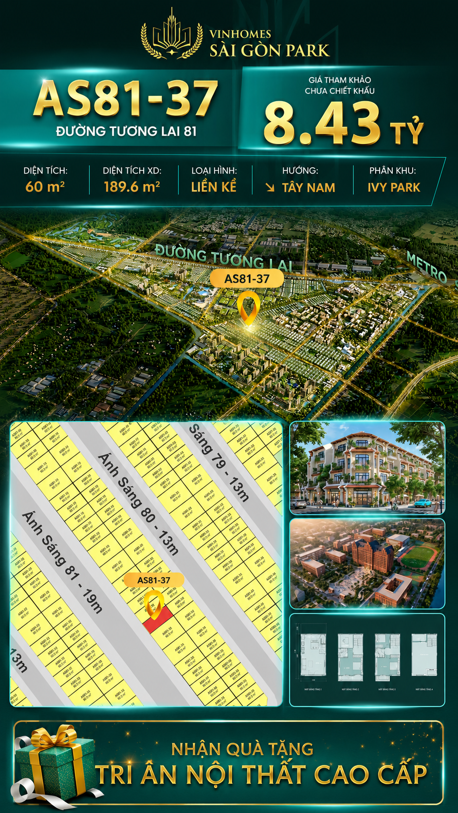 Nhà phố AS81-37 Ivy Park Vinhomes Sài Gòn Park Giá 8.43 Tỷ 60m²