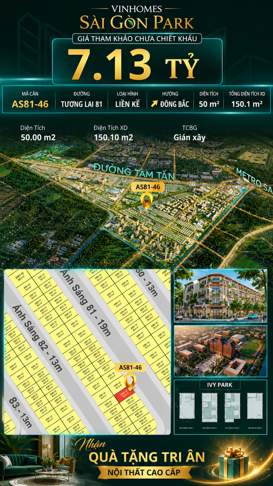 Nhà phố AS81-46 Ivy Park Vinhomes Sài Gòn Park Giá 7.13 Tỷ 50m²