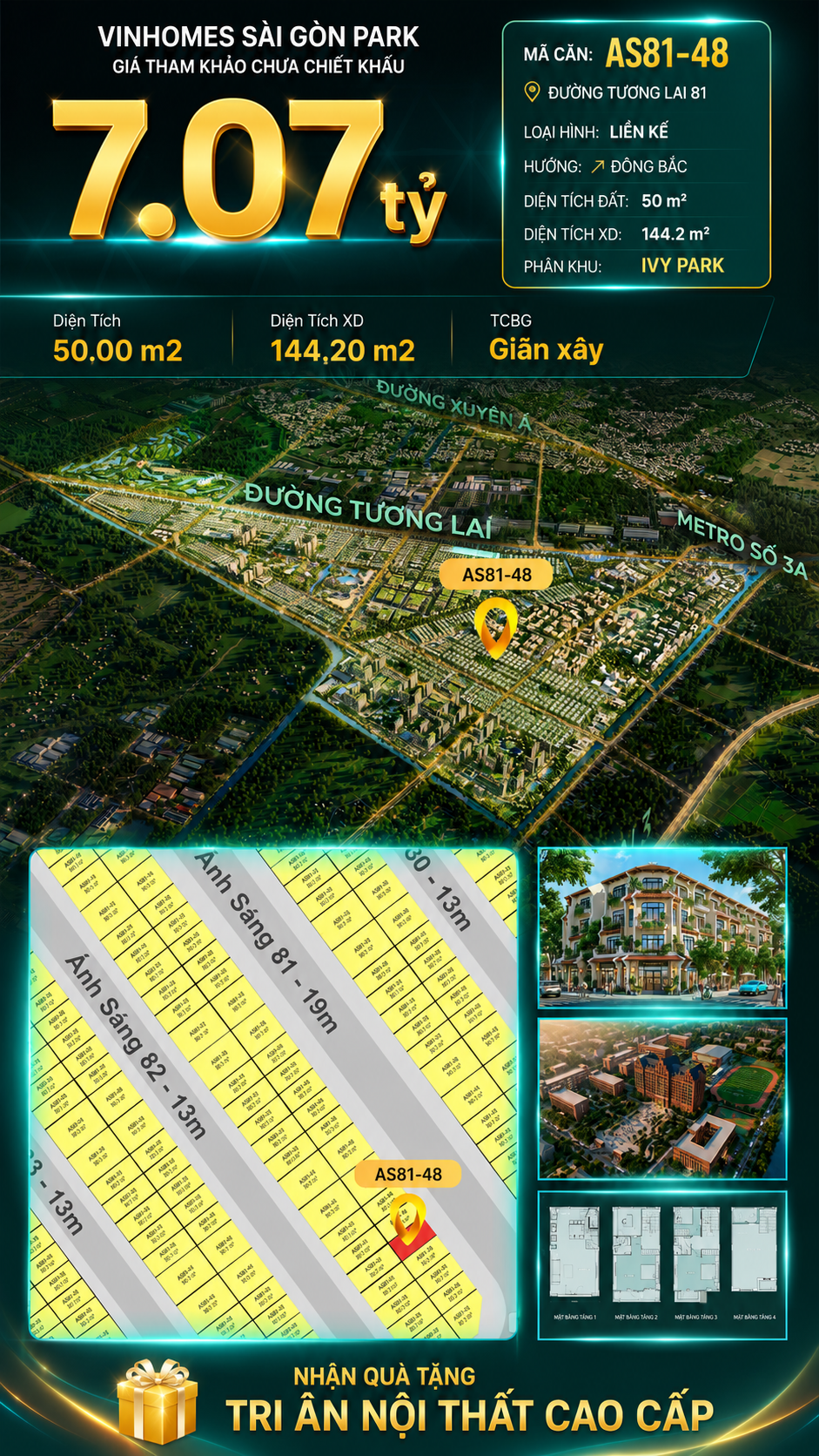 Nhà phố AS81-48 Ivy Park Vinhomes Sài Gòn Park Giá 7.07 Tỷ 50m²