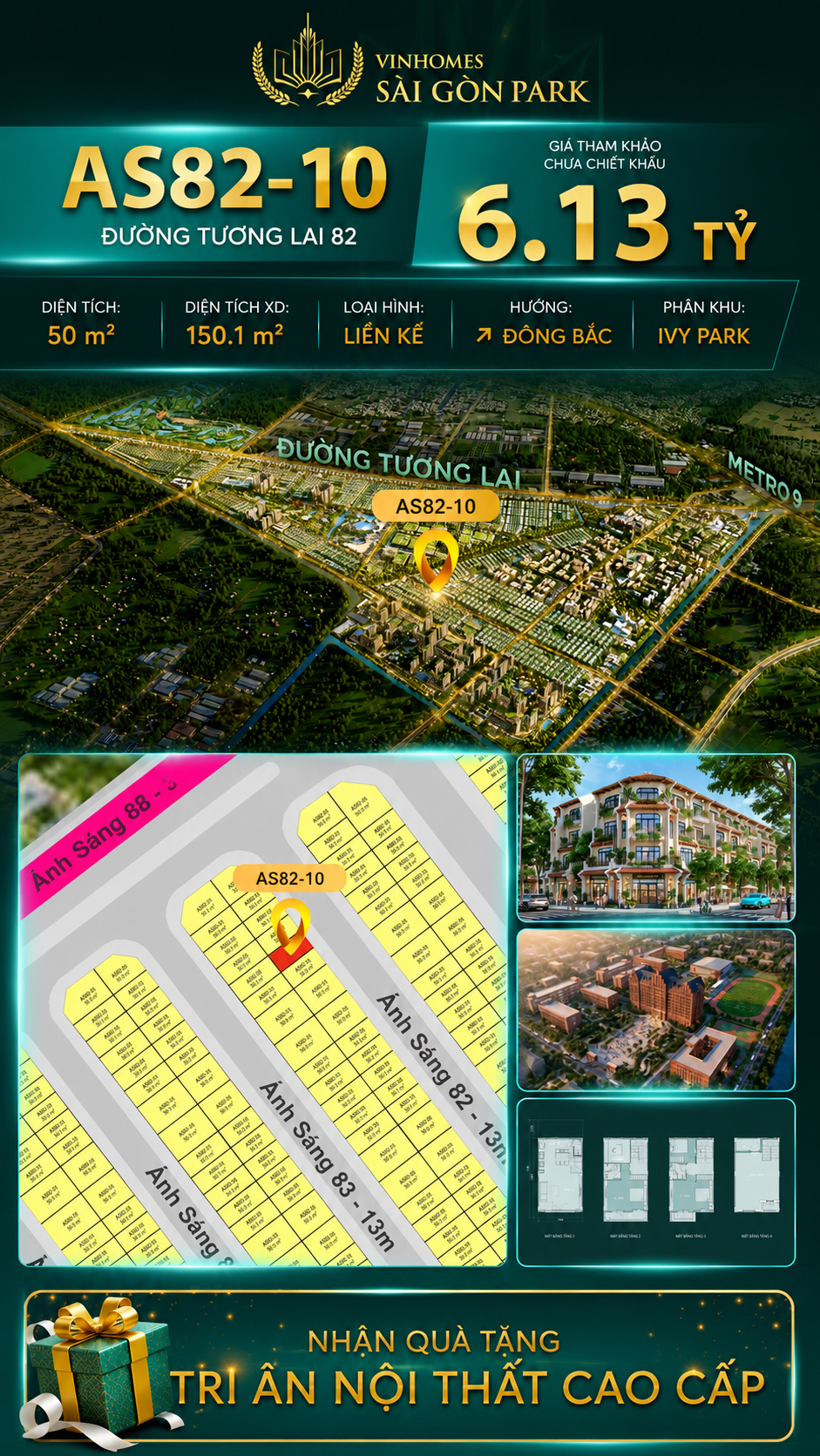 Nhà phố AS82-10 Ivy Park Vinhomes Sài Gòn Park Giá 6.13 Tỷ 50m²