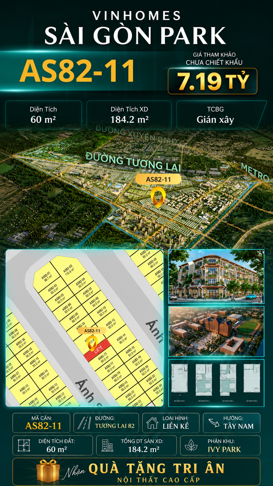 Nhà phố AS82-11 Ivy Park Vinhomes Sài Gòn Park Giá 7.19 Tỷ 60m²