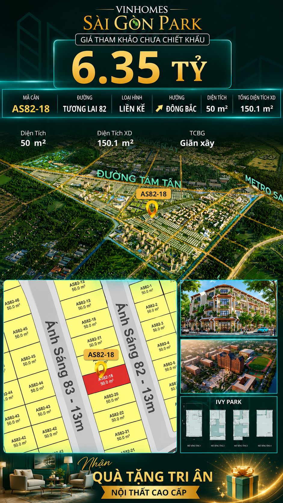 Nhà phố AS82-18 Ivy Park Vinhomes Sài Gòn Park Giá 6.35 Tỷ 50m²
