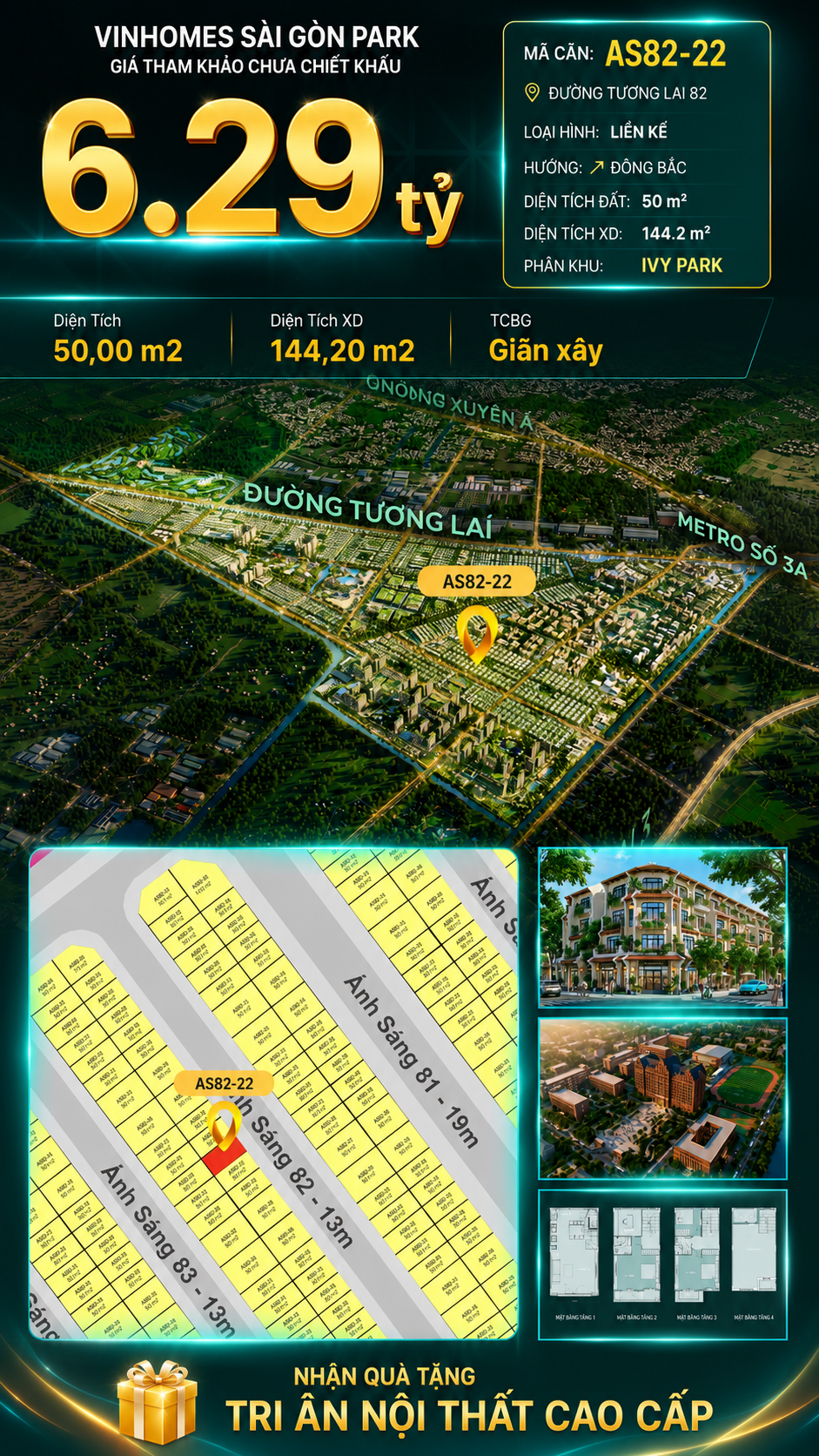 Nhà phố AS82-22 Ivy Park Vinhomes Sài Gòn Park Giá 6.29 Tỷ 50m²