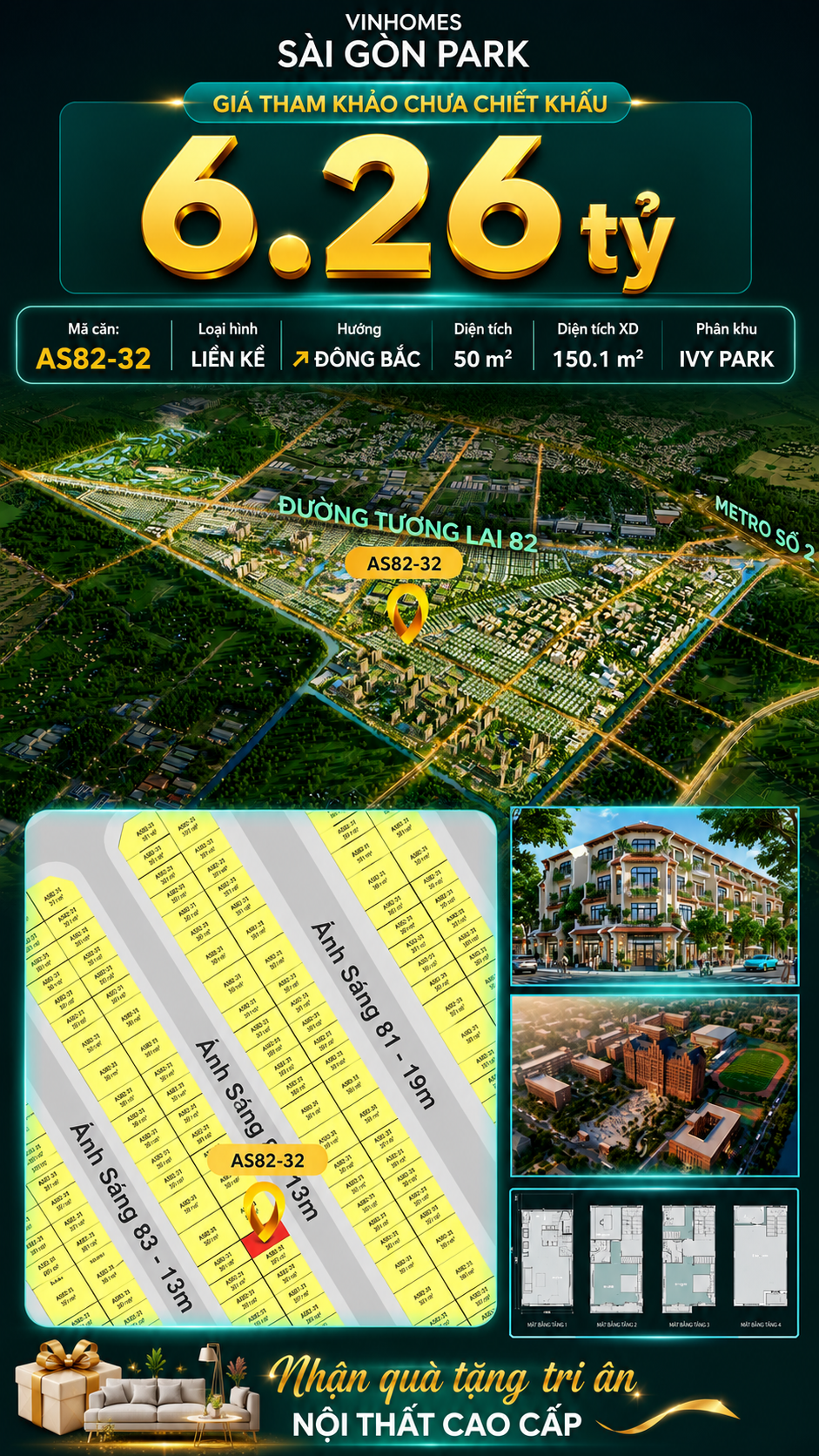 Nhà phố AS82-32 Ivy Park Vinhomes Sài Gòn Park Giá 6.26 Tỷ 50m²
