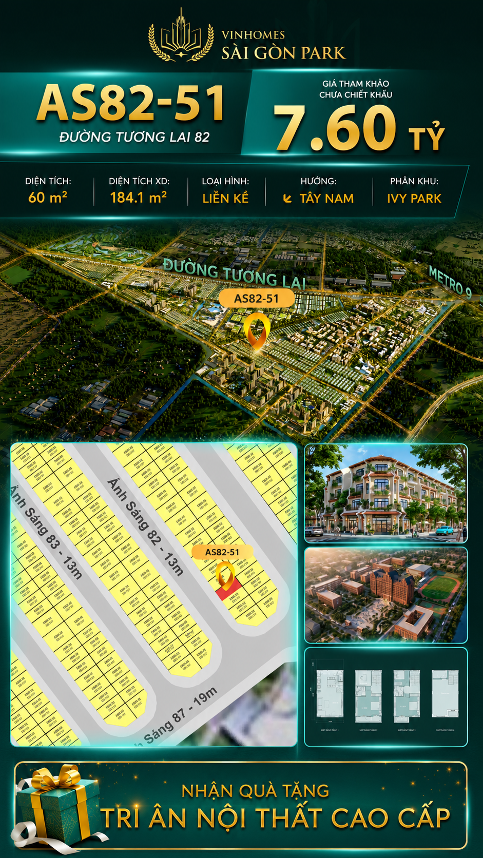 Nhà phố AS82-51 Ivy Park Vinhomes Sài Gòn Park Giá 7.60 Tỷ 60m²