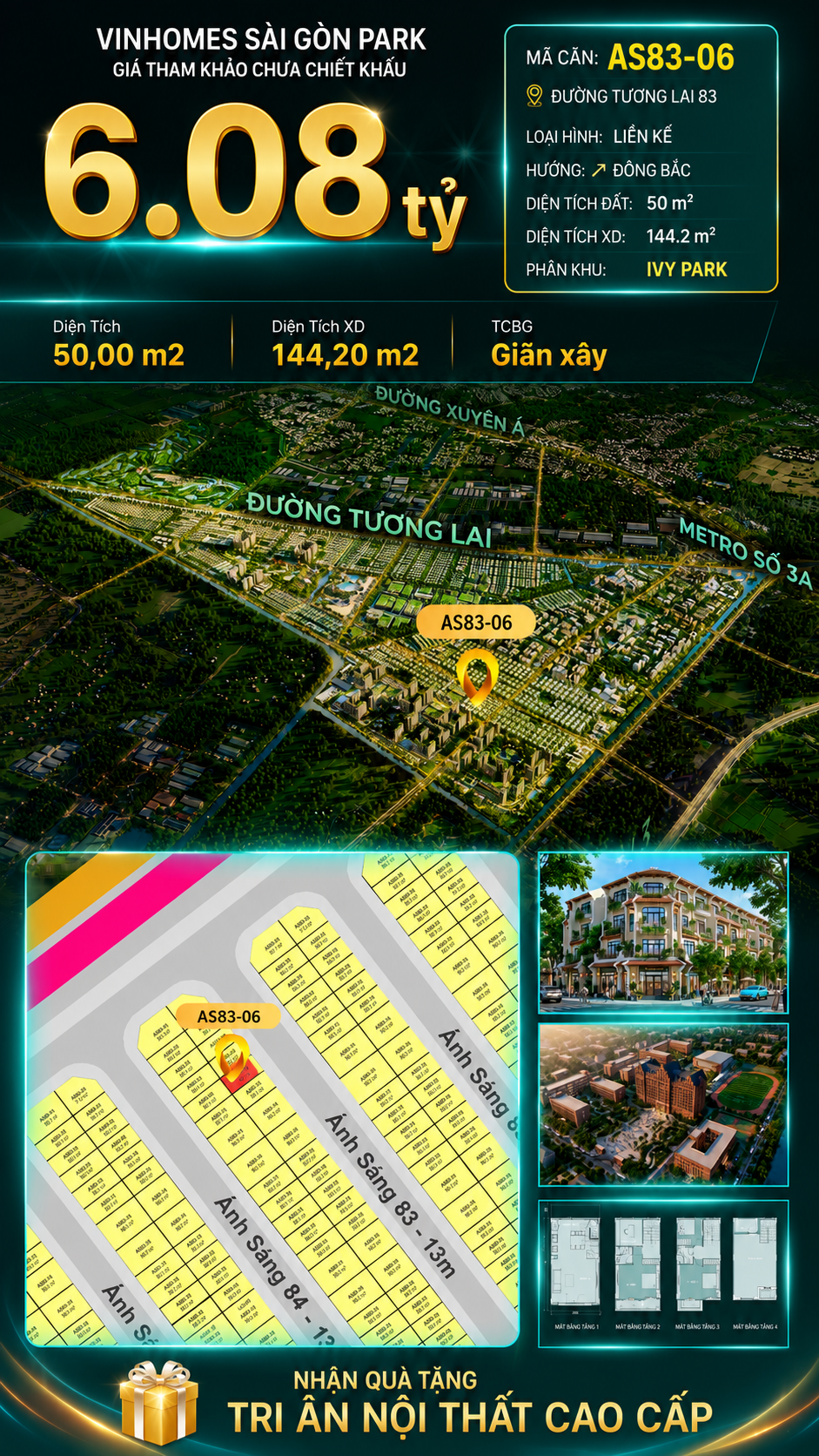 Nhà phố AS83-06 Ivy Park Vinhomes Sài Gòn Park Giá 6.08 Tỷ 50m²