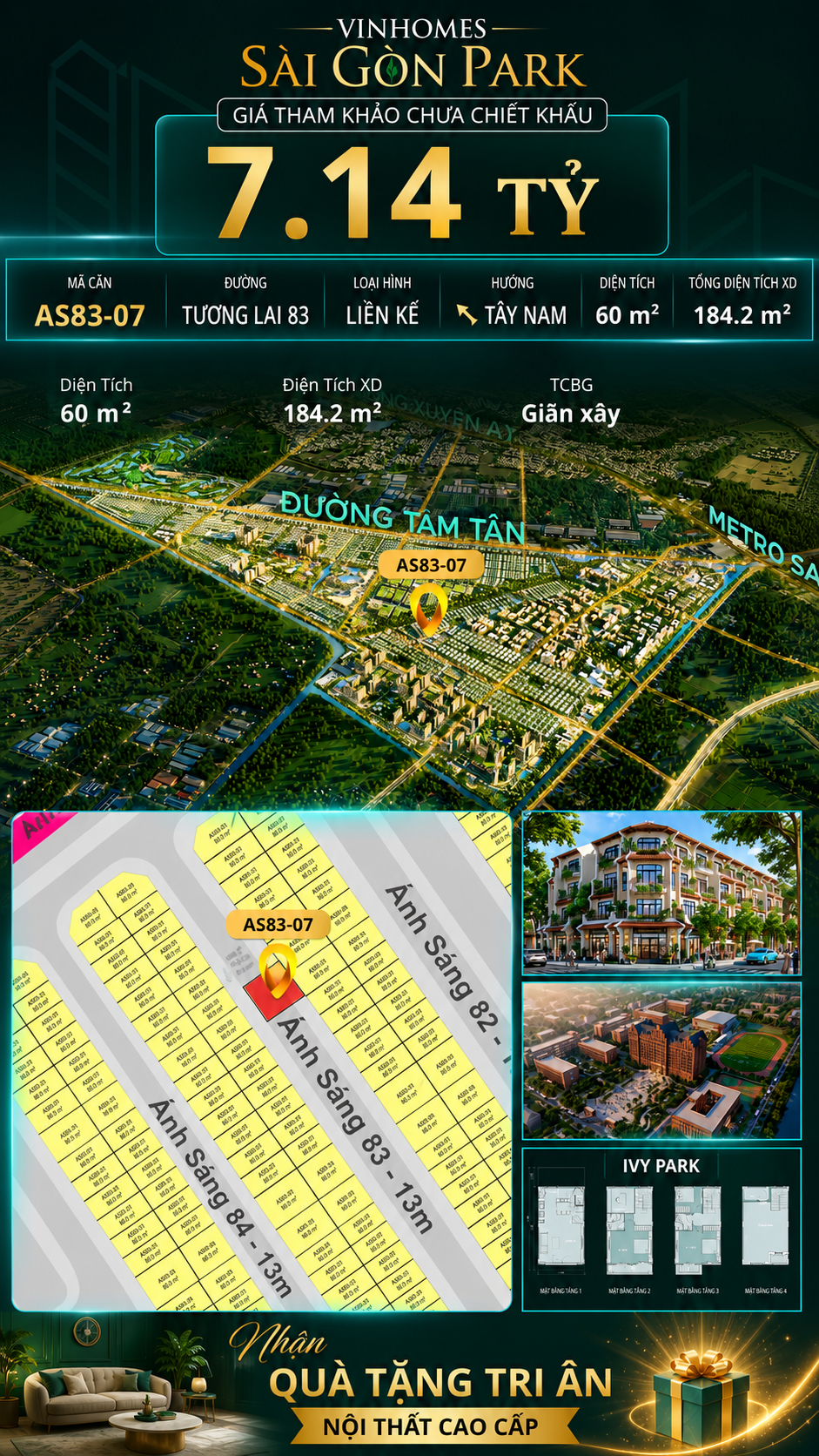 Nhà phố AS83-07 Ivy Park Vinhomes Sài Gòn Park Giá 7.14 Tỷ 60m²