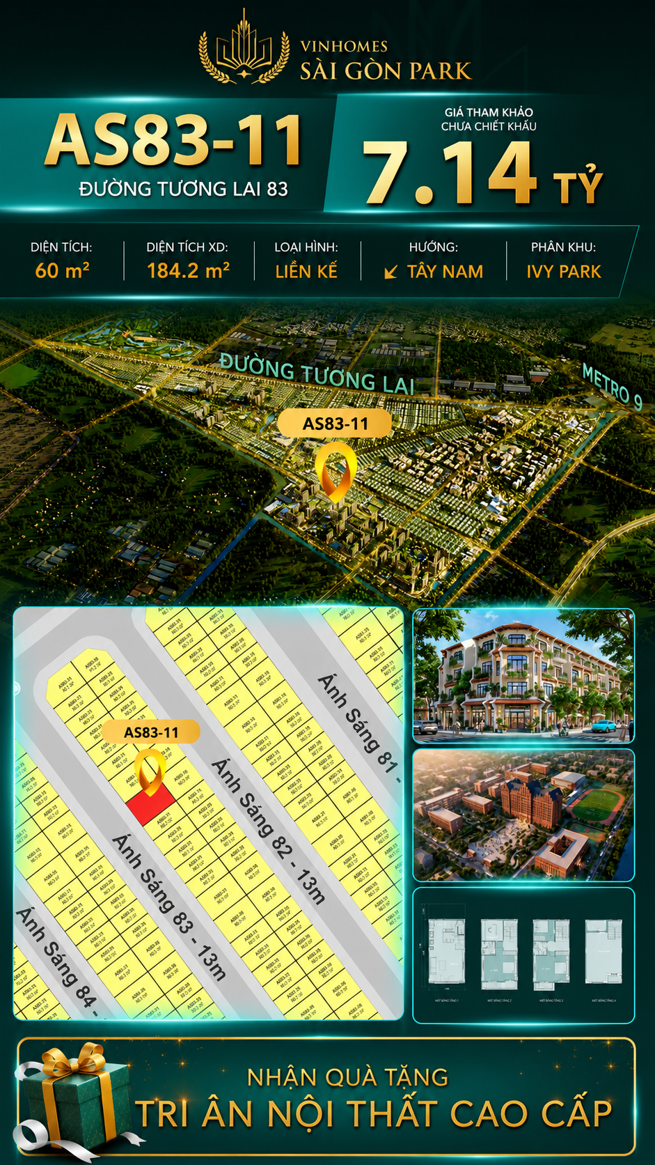 Nhà phố AS83-11 Ivy Park Vinhomes Sài Gòn Park Giá 7.14 Tỷ 60m²