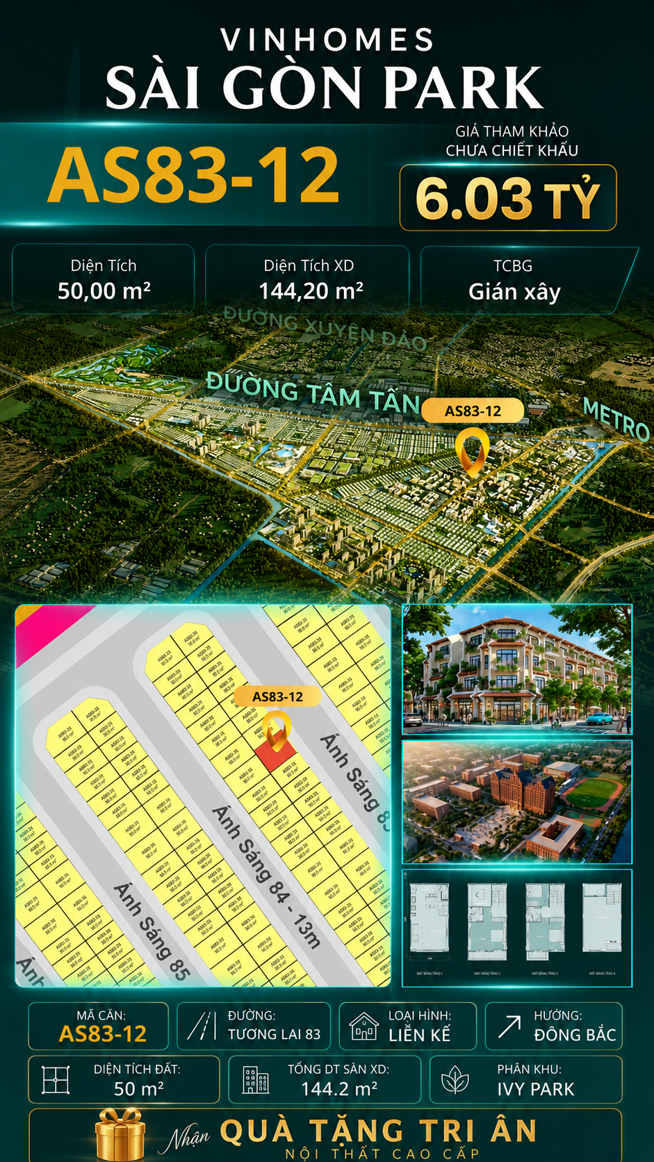 Nhà phố AS83-12 Ivy Park Vinhomes Sài Gòn Park Giá 6.03 Tỷ 50m²