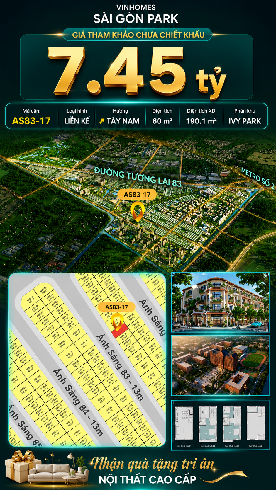 Nhà phố AS83-17 Ivy Park Vinhomes Sài Gòn Park Giá 7.45 Tỷ 60m²