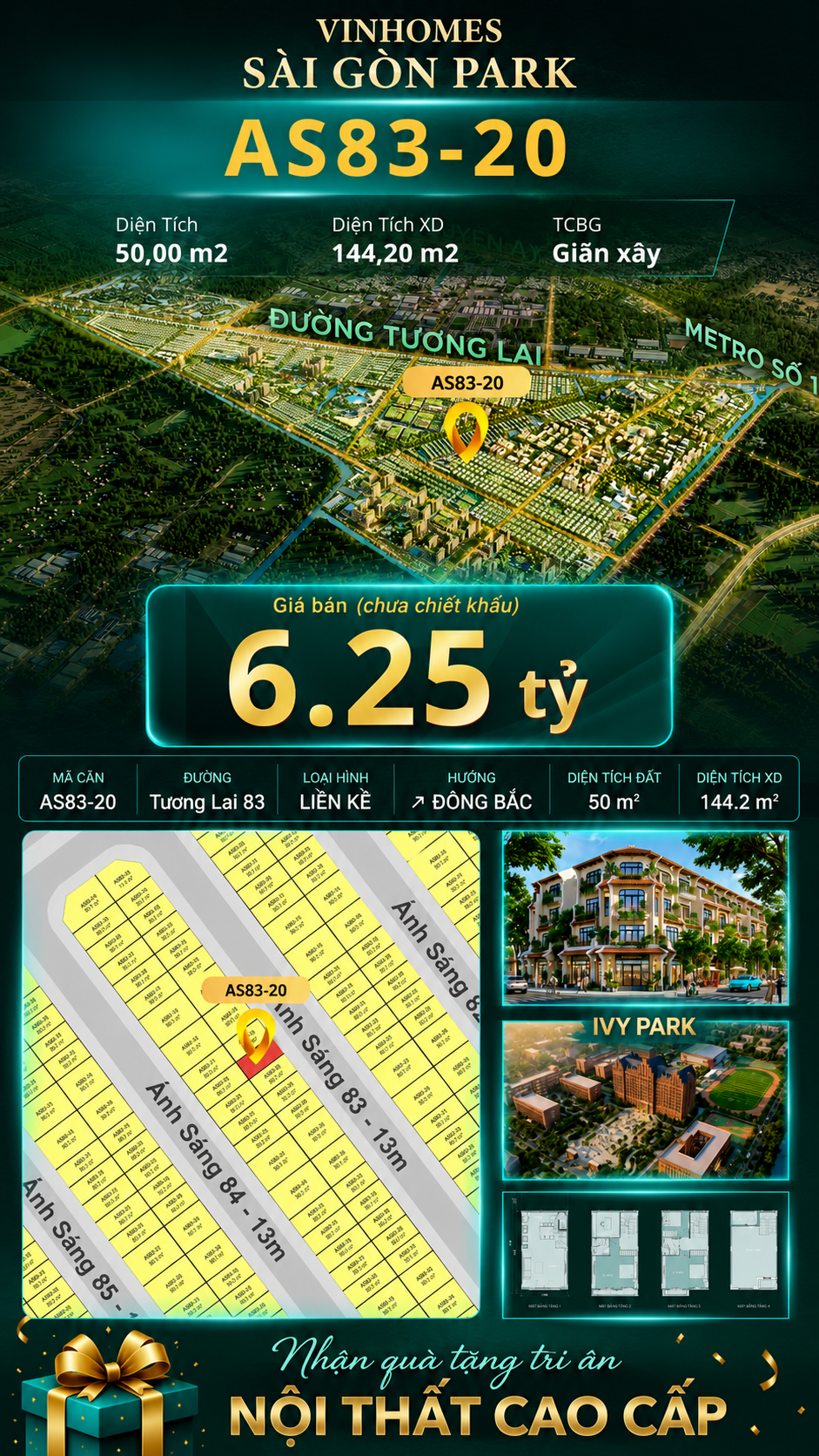 Nhà phố AS83-20 Ivy Park Vinhomes Sài Gòn Park Giá 6.25 Tỷ 50m²