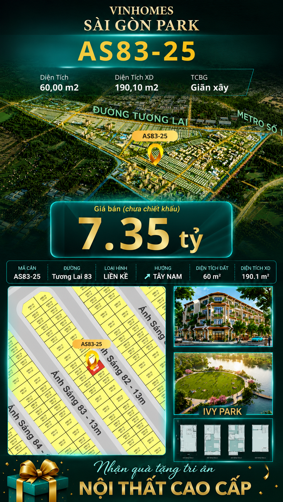 Nhà phố AS83-25 Ivy Park Vinhomes Sài Gòn Park Giá 7.35 Tỷ 60m²