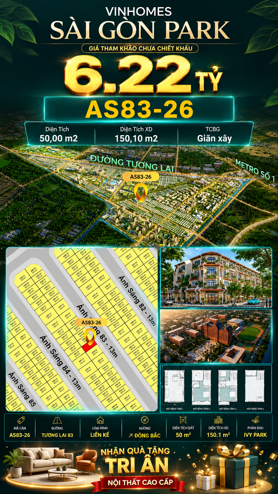Nhà phố AS83-26 Ivy Park Vinhomes Sài Gòn Park Giá 6.22 Tỷ 50m²
