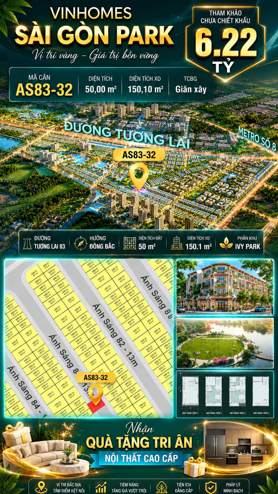 Nhà phố AS83-32 Ivy Park Vinhomes Sài Gòn Park Giá 6.22 Tỷ 50m²