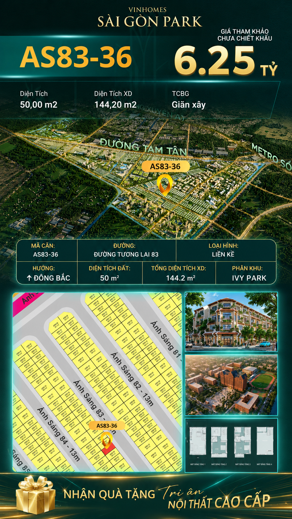 Nhà phố AS83-36 Ivy Park Vinhomes Sài Gòn Park Giá 6.25 Tỷ 50m²