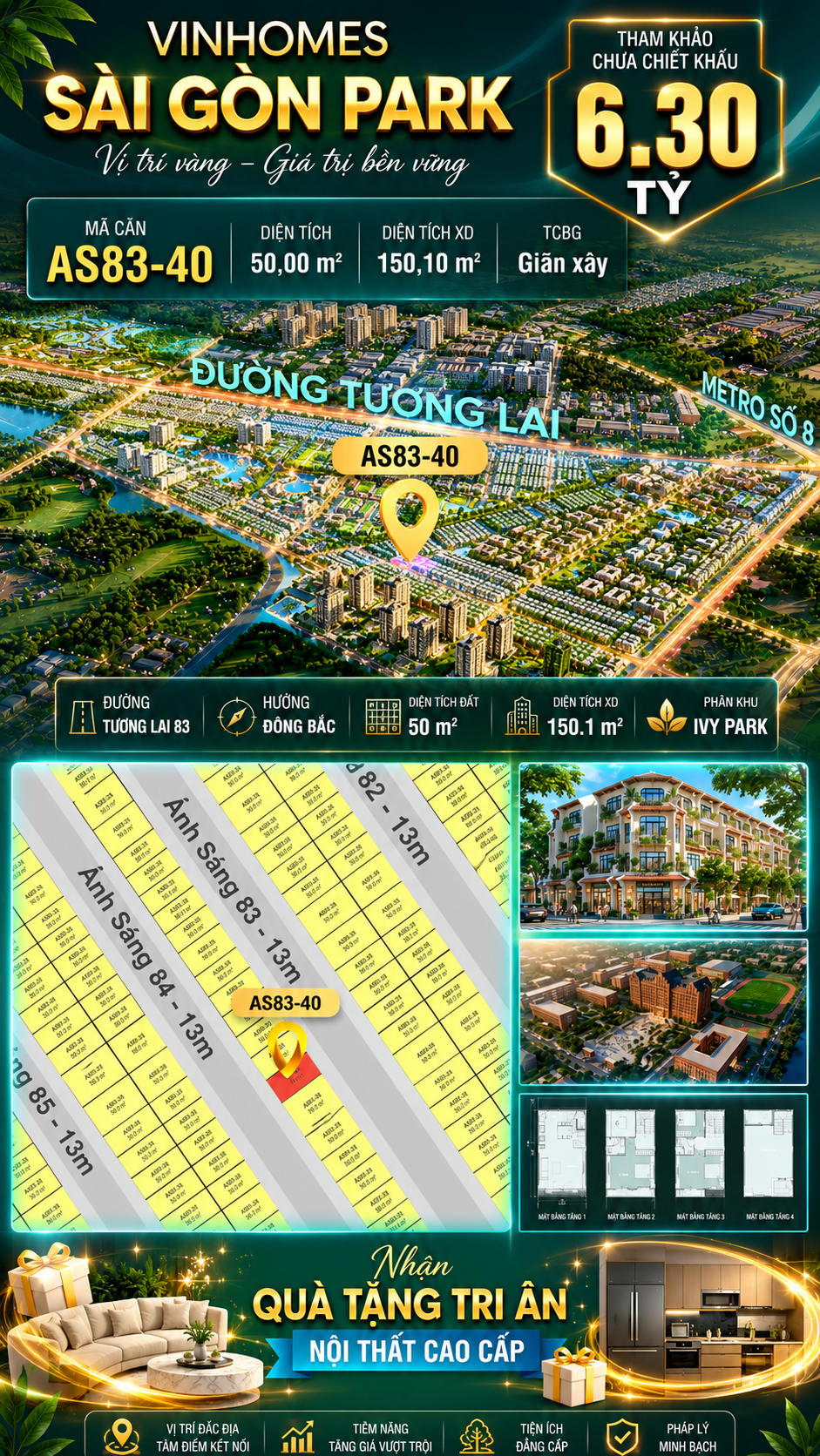 Nhà phố AS83-40 Ivy Park Vinhomes Sài Gòn Park Giá 6.30 Tỷ 50m²