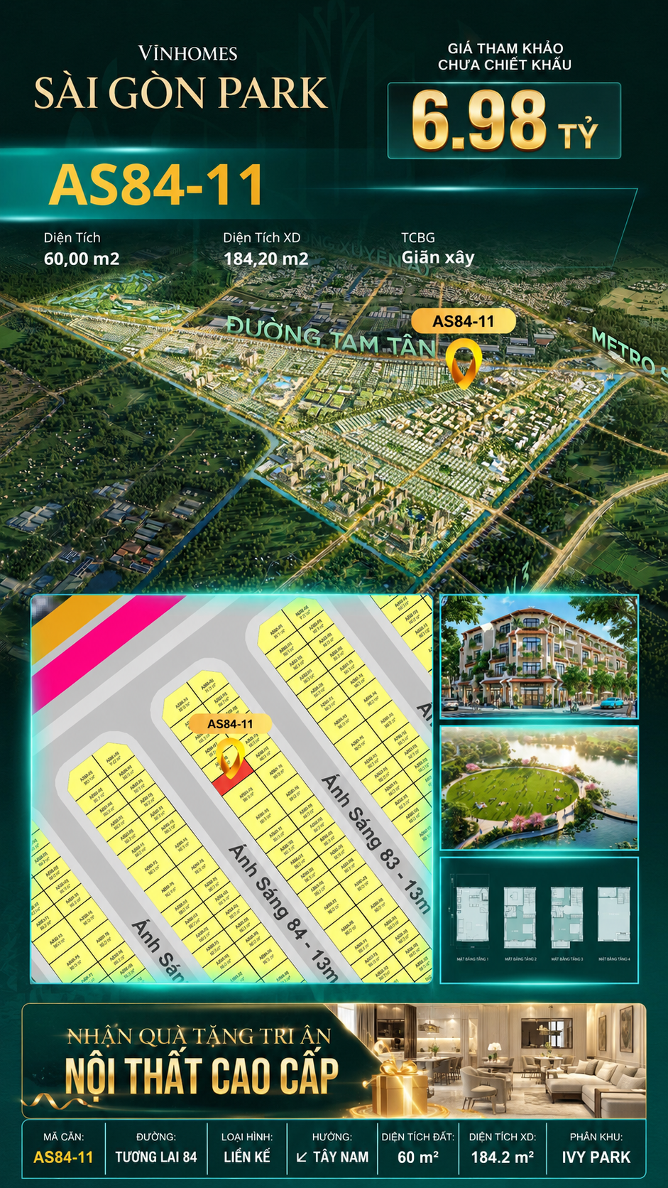 Nhà phố AS84-11 Ivy Park Vinhomes Sài Gòn Park Giá 6.98 Tỷ 60m²