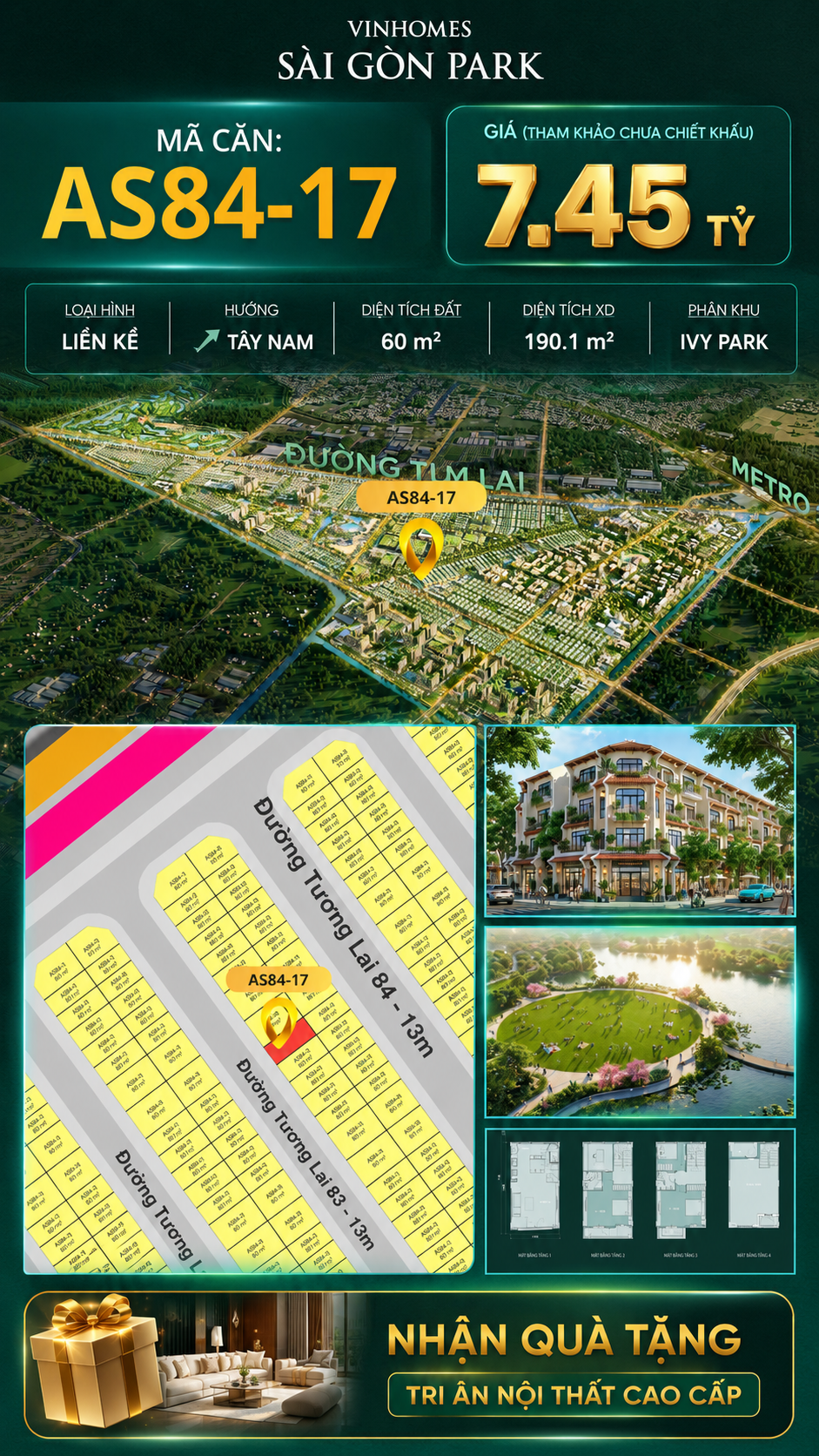 Nhà phố AS84-17 Ivy Park Vinhomes Sài Gòn Park Giá 7.45 Tỷ 60m²