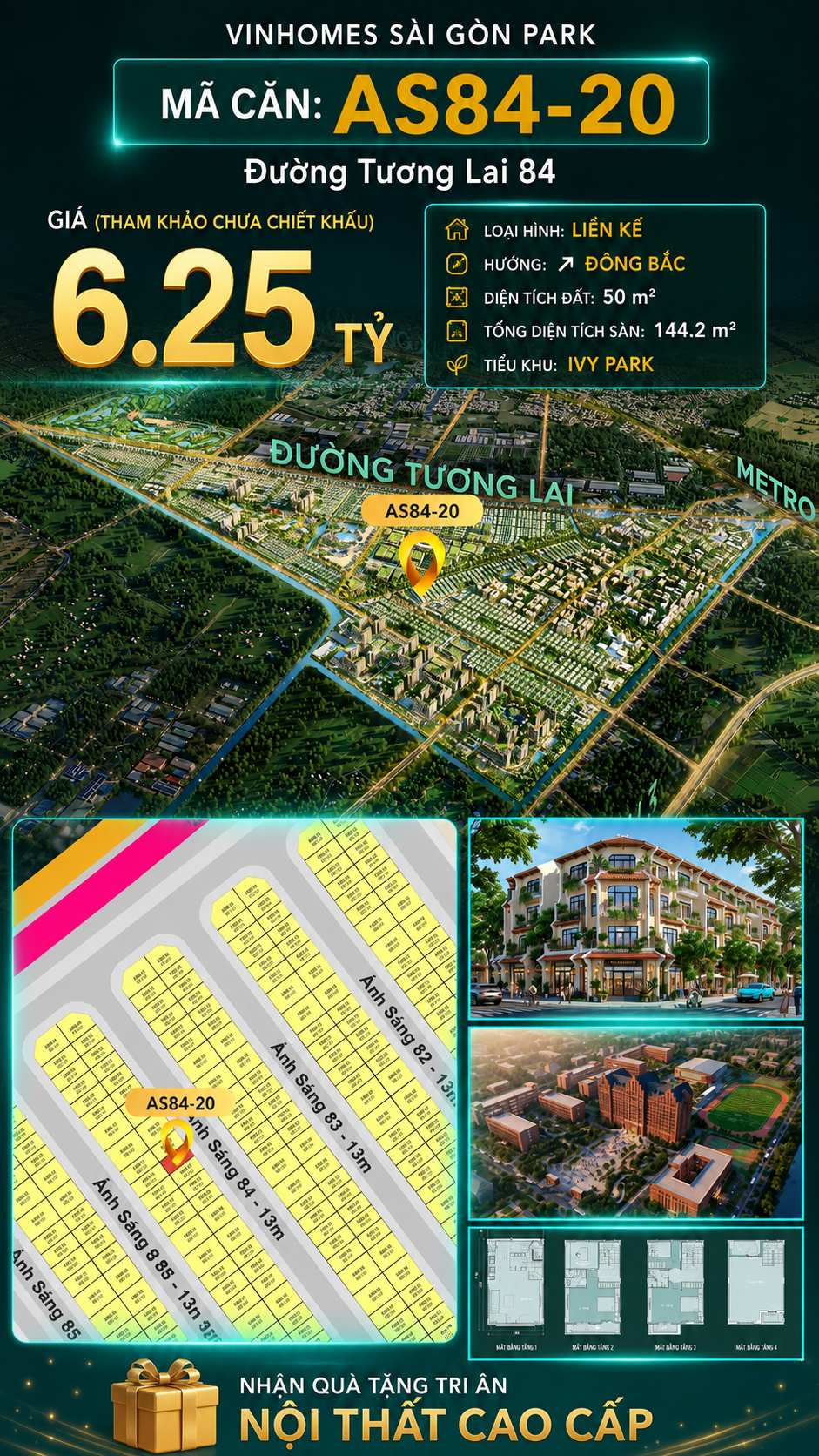 Nhà phố AS84-20 Ivy Park Vinhomes Sài Gòn Park Giá 6.25 Tỷ 50m²