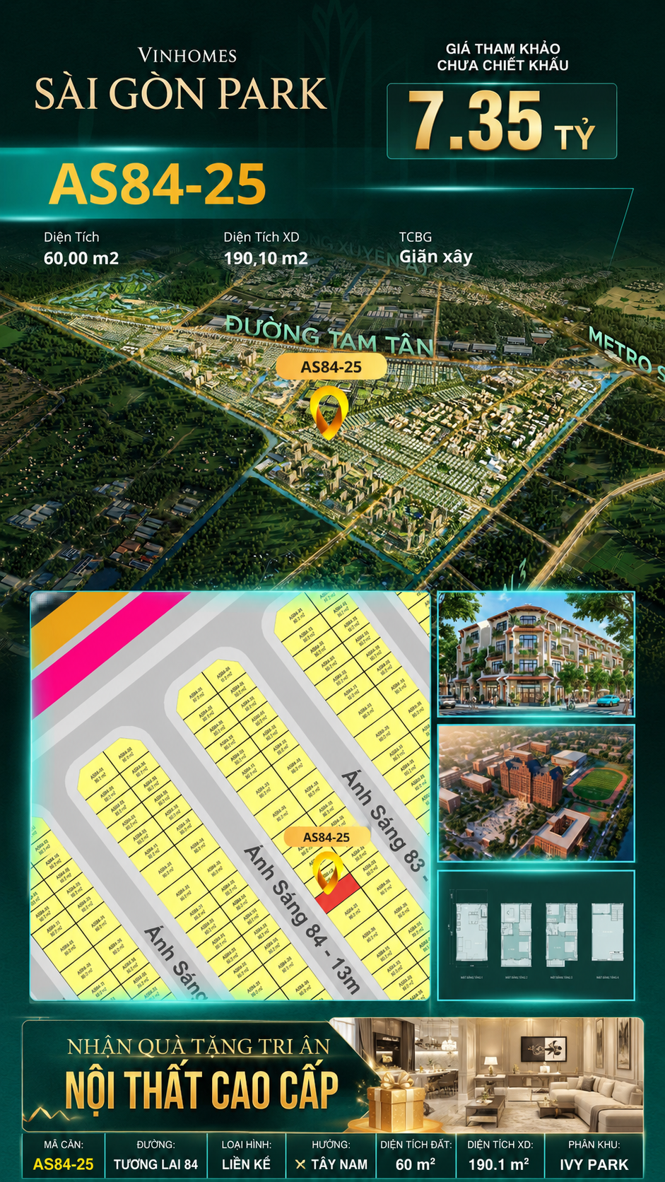 Nhà phố AS84-25 Ivy Park Vinhomes Sài Gòn Park Giá 7.35 Tỷ 60m²