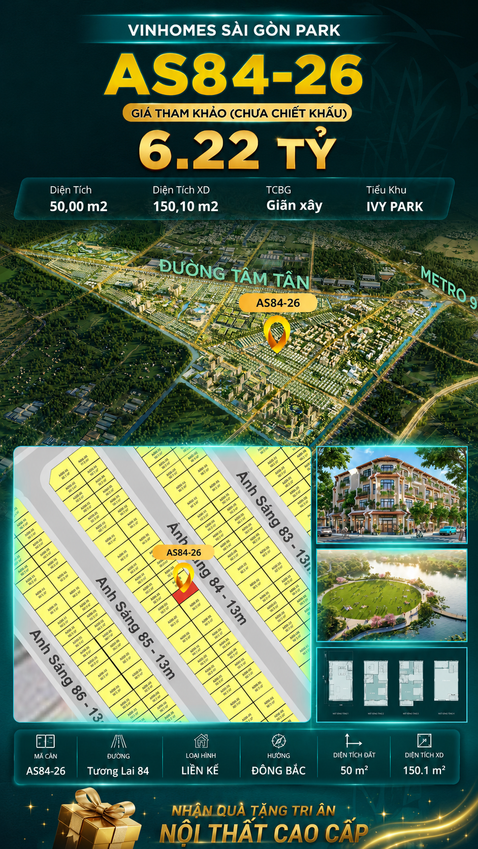 Nhà phố AS84-26 Ivy Park Vinhomes Sài Gòn Park Giá 6.22 Tỷ 50m²