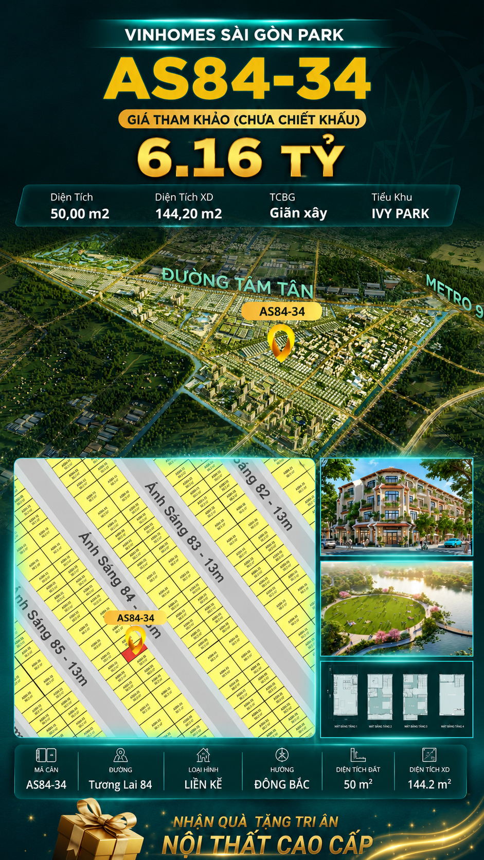 Nhà phố AS84-34 Ivy Park Vinhomes Sài Gòn Park Giá 6.16 Tỷ 50m²