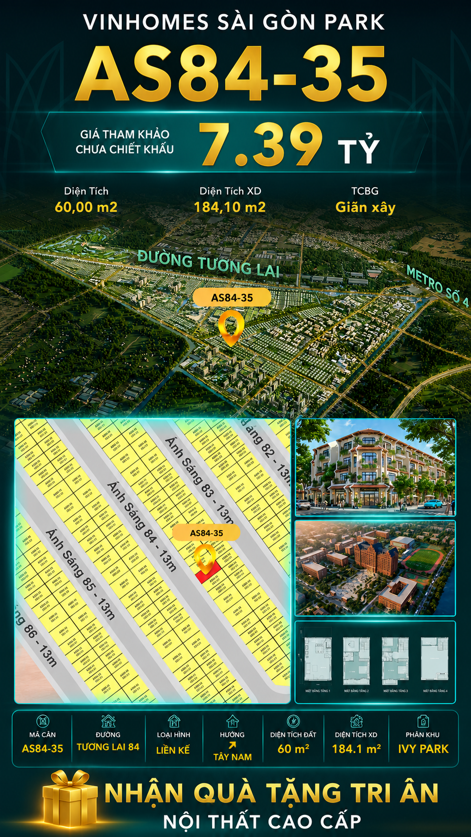 Nhà phố AS84-35 Ivy Park Vinhomes Sài Gòn Park Giá 7.39 Tỷ 60m²