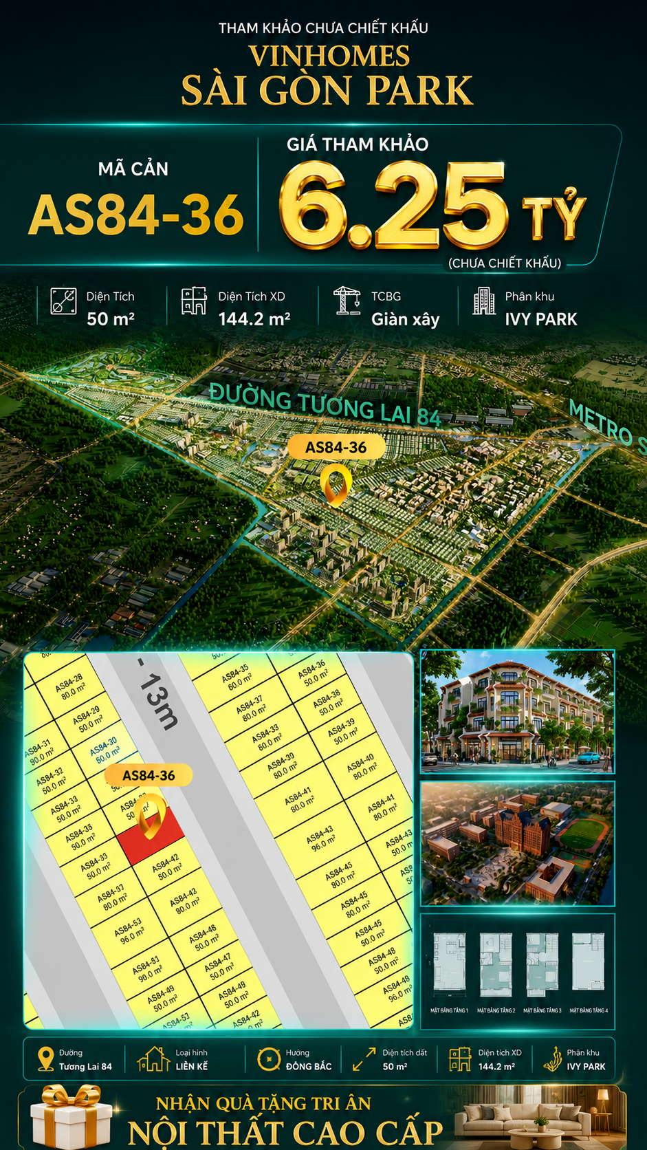 Nhà phố AS84-36 Ivy Park Vinhomes Sài Gòn Park Giá 6.25 Tỷ 50m²