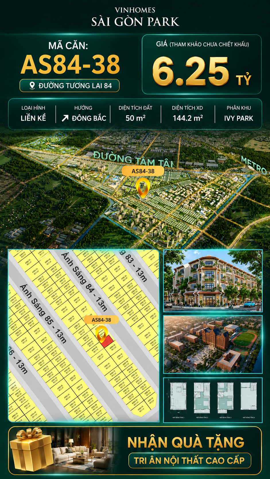 Nhà phố AS84-38 Ivy Park Vinhomes Sài Gòn Park Giá 6.25 Tỷ 50m²