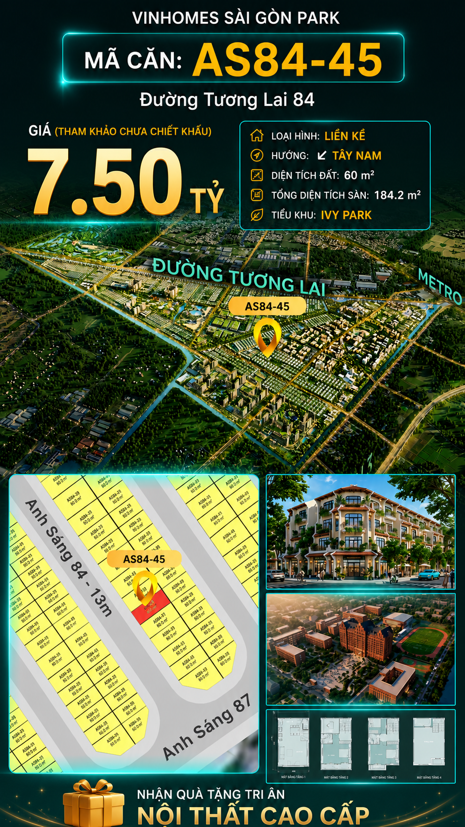Nhà phố AS84-45 Ivy Park Vinhomes Sài Gòn Park Giá 7.50 Tỷ 60m²